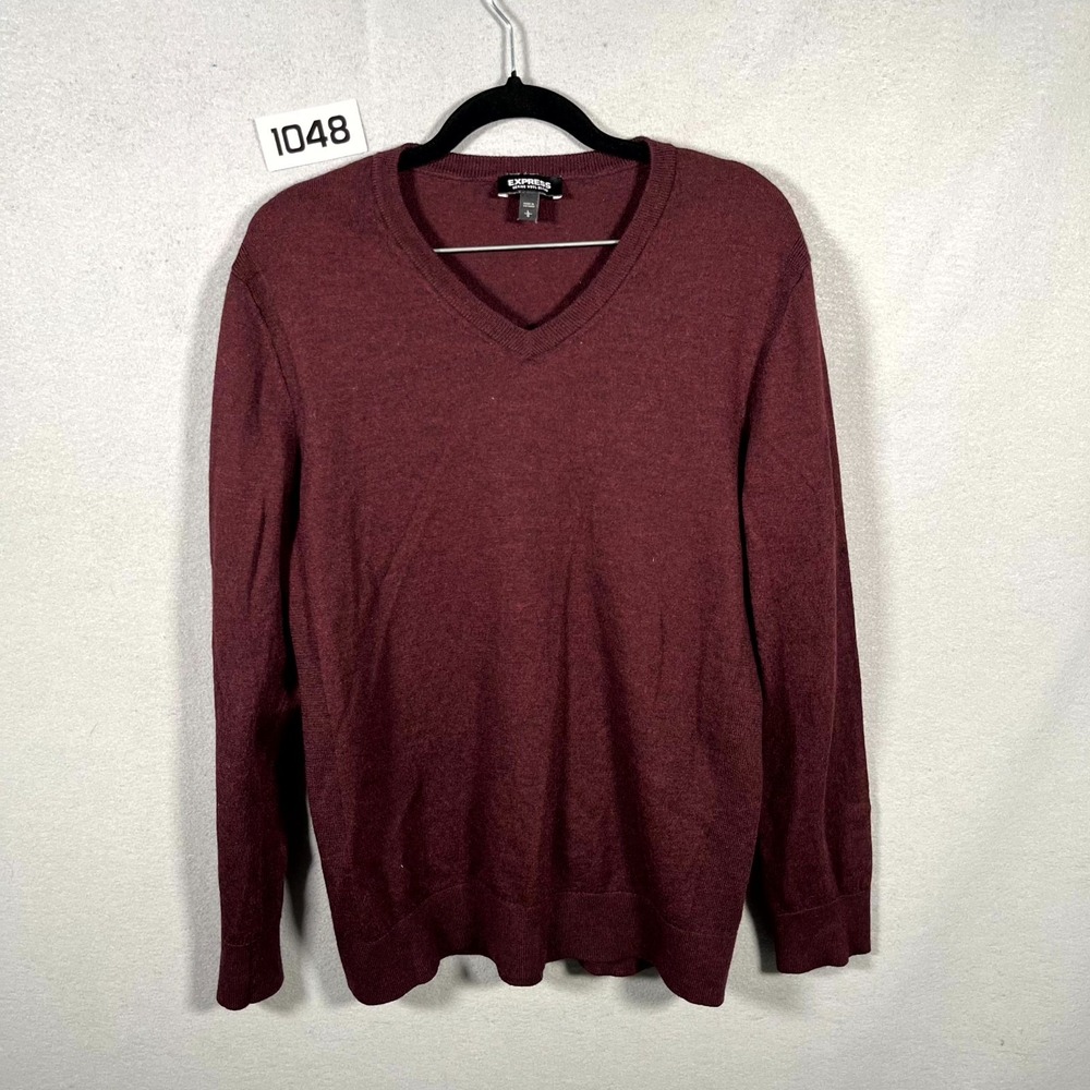 Express Sweater Mens Large Maroon Merino Wool V‎ Neck Long Sleeve Ribbed Hem